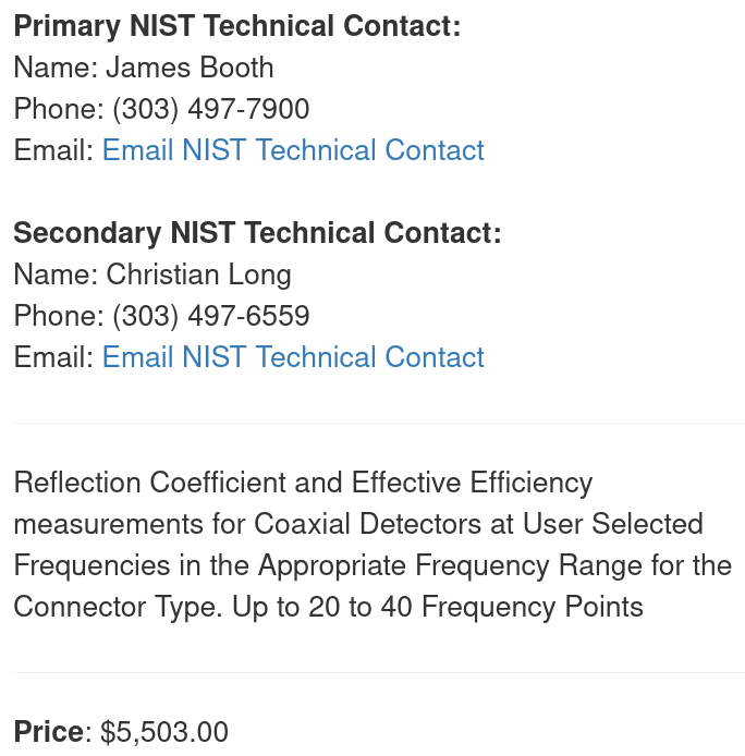 Calibration service offered by the NIST for $5,503.