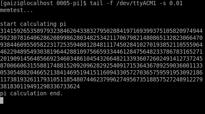 A Linux serial console showing 500 digits of π from the Breadboard Z80 computer.